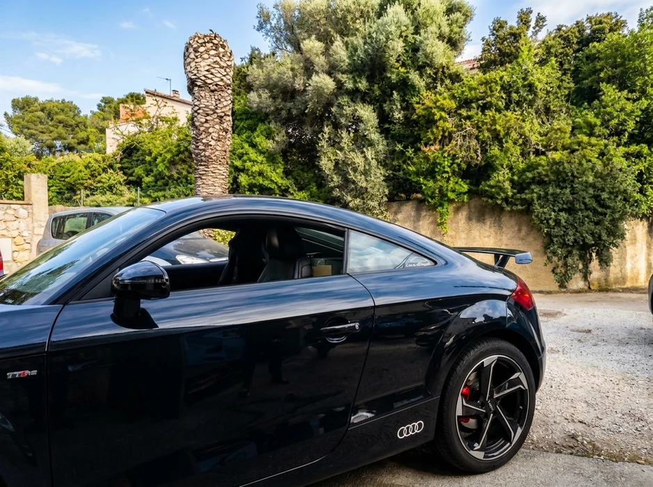 Audi TT RS coupé noir brillant, vue latérale côté conducteur, stationnée sur une allée en gravier