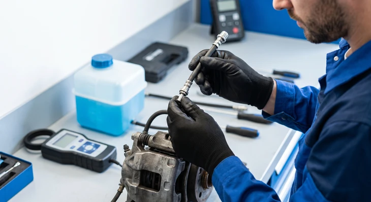 Photographie en lumière naturelle d'un mécanicien expérimenté en tenue de travail professionnelle, examinant attentivement le moteur d'un véhicule dont le capot est ouvert. L'homme porte des lunettes de protection et utilise un diagnostic électronique ou un outil de précision. L'atelier en arrière-plan montre l'équipement professionnel et l'organisation. La scène transmet la concentration, l'expertise et l'engagement dans la qualité du travail.
